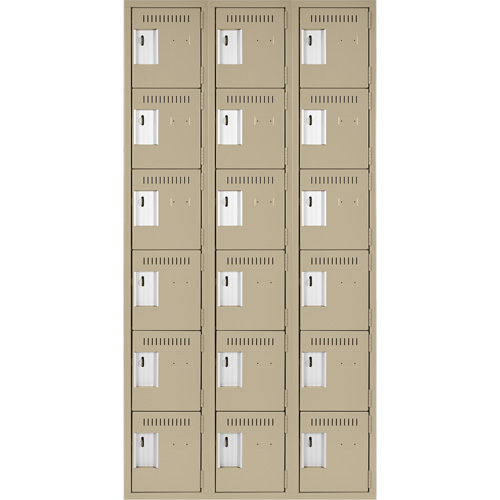 Clean Line Lockerette, 6 -tier, Bank of 3, 36" x 18" x 72", Steel, Beige, Rivet (Assembled) Groupe Generik