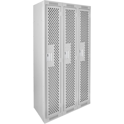 Clean Line Lockers, Bank of 3, 36" x 12" x 72", Steel, Grey, Rivet (Assembled), Perforated Groupe Generik