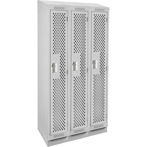 Clean Line Lockers, Bank of 3, 36" x 15" x 82", Steel, Grey, Rivet (Assembled), Perforated Groupe Generik