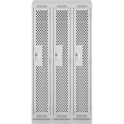 Clean Line Lockers, Bank of 3, 36" x 15" x 82", Steel, Grey, Rivet (Assembled), Perforated Groupe Generik