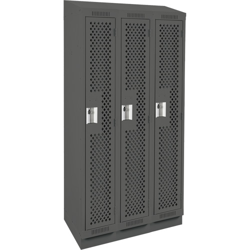Clean Line Lockers, Bank of 3, 36" x 15" x 82", Steel, Charcoal, Rivet (Assembled), Perforated Groupe Generik