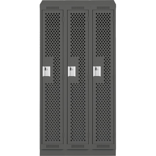 Clean Line Lockers, Bank of 3, 36" x 15" x 82", Steel, Charcoal, Rivet (Assembled), Perforated Groupe Generik