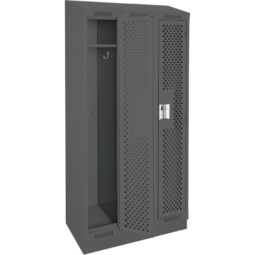 Clean Line Lockers, Bank of 3, 36" x 15" x 82", Steel, Charcoal, Rivet (Assembled), Perforated Groupe Generik