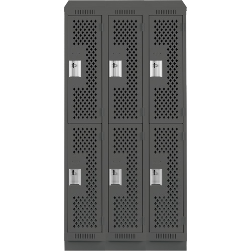 Clean Line Lockers, 2 -tier, Bank of 3, 36" x 12" x 82", Steel, Charcoal, Rivet (Assembled), Perforated Groupe Generik