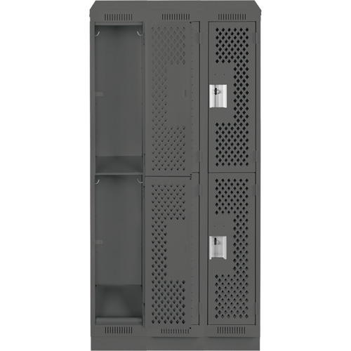 Clean Line Lockers, 2 -tier, Bank of 3, 36" x 12" x 82", Steel, Charcoal, Rivet (Assembled), Perforated Groupe Generik