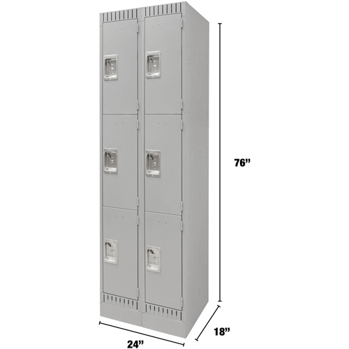 Lockers, 3 -tier, Bank of 2, 24" x 18" x 76", Steel, Grey, Knocked Down Groupe Generik