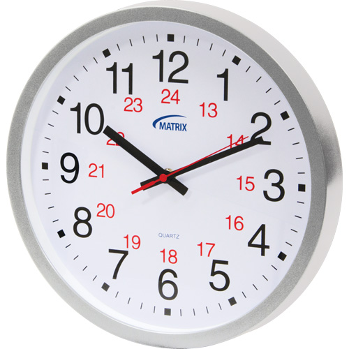 Horloge 12/24 h, Analogique, &agrave; piles, 12", Argent Groupe Generik