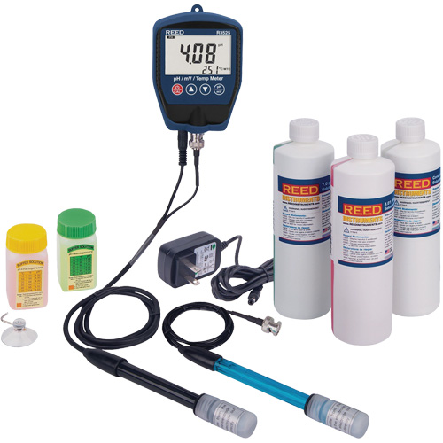 Trousse de pH/mV-m&egrave;tre R3525 avec &eacute;lectrode de potentiel redox, solution de pH/conductivit&eacute; et adaptateur de courant Groupe Generik