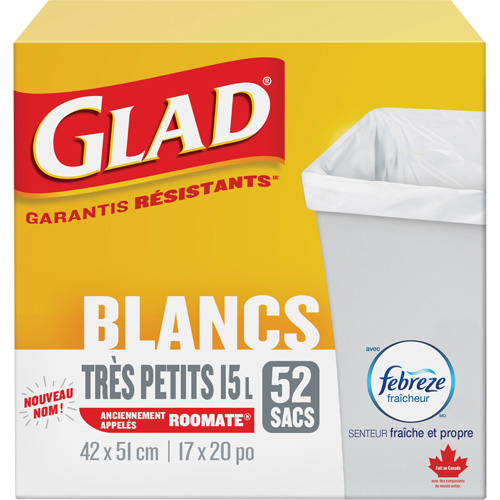 Tr&egrave;s petits sacs &agrave; ordures 15 L avec Febreze, R&eacute;gulier, 17" la x 20" lo, Blanc Groupe Generik