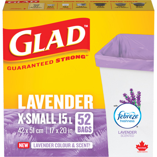 Glad&reg; Lavender Coloured & Scented Bags, Strong, 17" W x 20" L, Purple, 15 L (3.96 Gal.) Capacity Groupe Generik