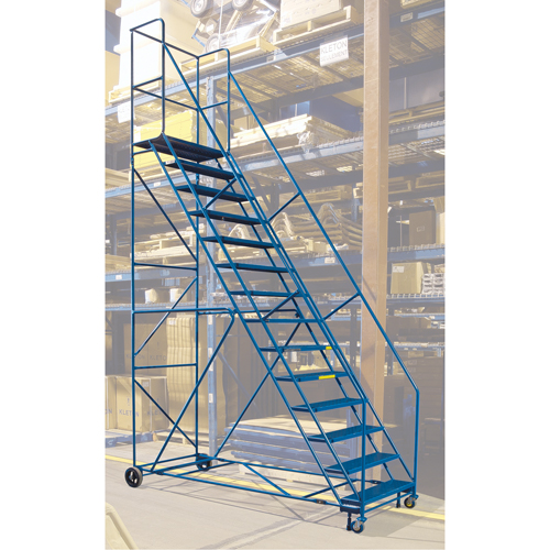 CSA-Certified Rolling Step Ladder with Locking Step, 14 Steps, 30" Step Width, 128" Platform Height, Steel Groupe Generik