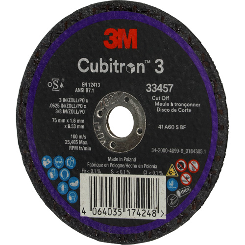 Cubitron 3 Cut-Off Wheel, 3" x 0.063", 3/8" Arbor, Ceramic Groupe Generik