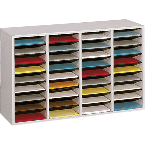 Adjustable Compartment Literature Organizer, Stationary, 36 Slots, Wood, 39-1/4" W x 11-3/4" D x 24" H Groupe Generik