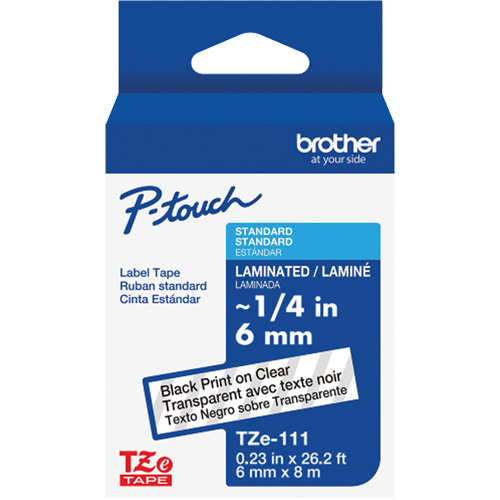 Ruban lamin&eacute; TZe-111 pour &eacute;tiqueteuses P-Touch compatibles avec les rubans TZe, Noir sur transparent, Largeur de 0,23" Groupe Generik