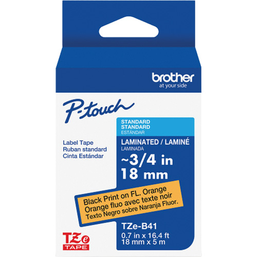 Ruban lamin&eacute; TZe-B41 pour &eacute;tiqueteuses P-Touch compatibles avec les rubans TZe, Noir sur orange fluorescent, Largeur de 0,7" Groupe Generik