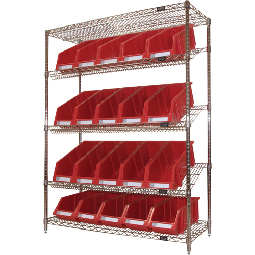 Slanted Wire Shelf with Bins, 5 Tiers, 48" W x 63" H x 18" D Groupe Generik