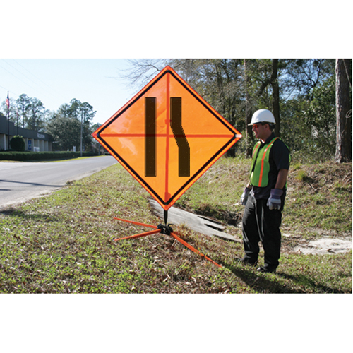 Tilt-Adjust Merge Left Roll-Up Construction Sign, 36" x 36", Vinyl, Pictogram Groupe Generik