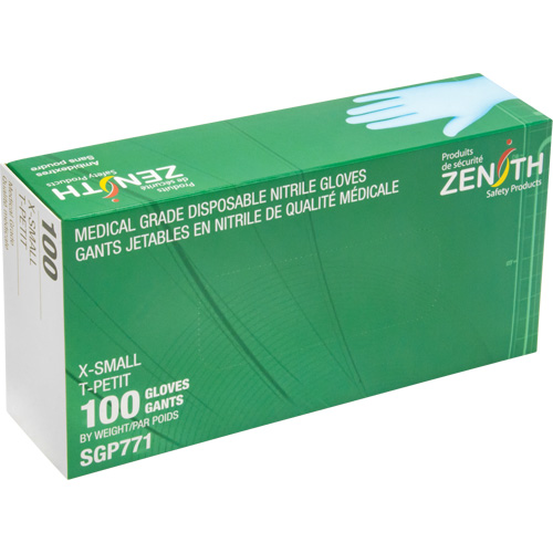 Gants jetables de calibre m&eacute;dical r&eacute;sistants &agrave; la perforation, T-petit, Nitrile, 4,5 mils, Sans poudre, Bleu, Classe 2 Groupe Generik