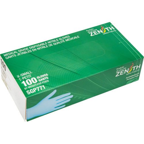 Gants jetables de calibre m&eacute;dical r&eacute;sistants &agrave; la perforation, T-petit, Nitrile, 4,5 mils, Sans poudre, Bleu, Classe 2 Groupe Generik