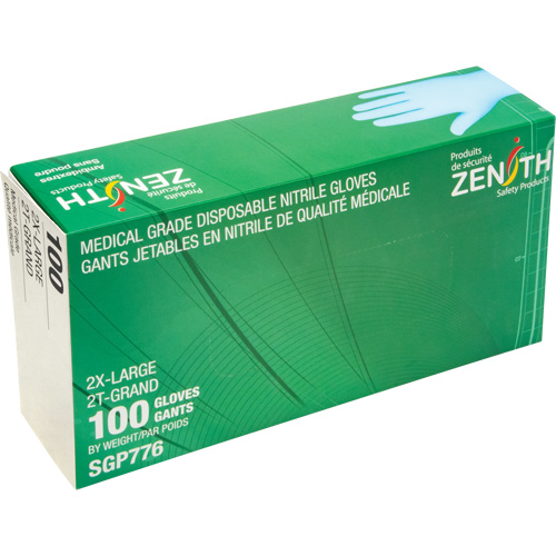 Gants jetables de calibre m&eacute;dical r&eacute;sistants &agrave; la perforation, 2T-Grand, Nitrile, 4,5 mils, Sans poudre, Bleu, Classe 2 Groupe Generik