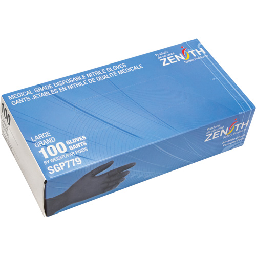 Gants jetables de calibre m&eacute;dical r&eacute;sistants &agrave; la perforation, Grand, Nitrile, 5 mils, Sans poudre, Noir, Classe 2 Groupe Generik