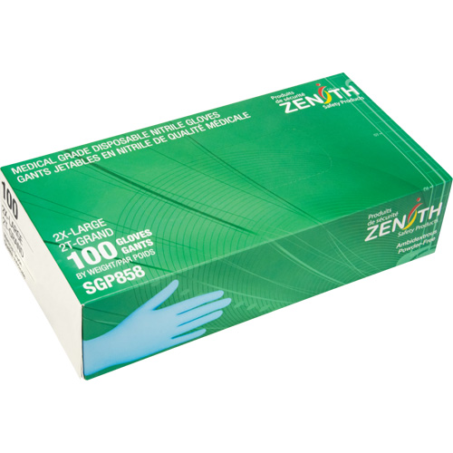 Gants jetables de calibre m&eacute;dical r&eacute;sistants &agrave; la perforation, 2T-Grand, Nitrile, 3,5 mils, Sans poudre, Bleu, Classe 2 Groupe Generik