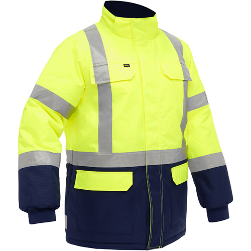 Manteau pour le froid extr&ecirc;me avec bas bleu marin et X au dos Bisley, Polyester, Jaune lime haute visibilit&eacute;, Moyen Groupe Generik