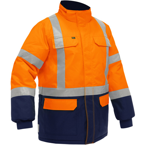 Manteau pour le froid extr&ecirc;me avec bas bleu marin et X au dos Bisley, Polyester, Orange haute visibilit&eacute;, 3T-Grand Groupe Generik
