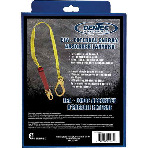 External Energy Absorber Lanyard with 2-1/4" Hook in Retail Box, 6', Snap Hook Center, Snap Hook Leg Ends, Polyester Groupe Generik