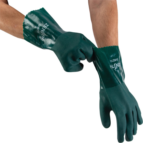 Double Dipped Green Gloves, 12" L, PVC, Cotton Jersey Inner Lining, 70-mil Groupe Generik