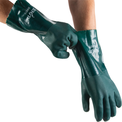 Double Dipped Green Gloves, 14" L, PVC, Cotton Jersey Inner Lining, 70-mil Groupe Generik