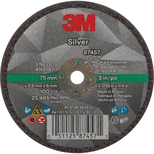 Silver Cut-Off Wheel, 3" x 0.04", 1/4"-28 Arbor, Type 1, Ceramic, 25645 RPM Groupe Generik