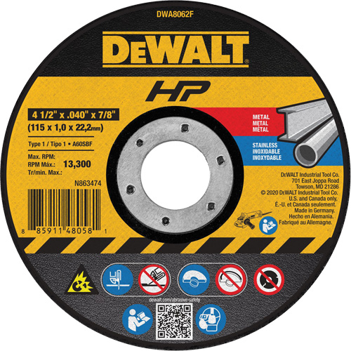 HP Metal Cut-Off Wheel, 4-1/2" x 0.04", 7/8" Arbor, Type 1, Aluminum Oxide, 13300 RPM Groupe Generik