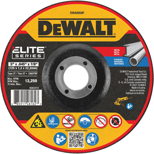 Elite Series Metal Cut-Off Wheel, 5" x 0.045", 7/8" Arbor, Zirconia Alumina, Type 27 Groupe Generik