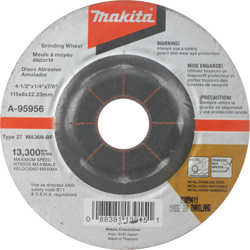 INOX Grinding Wheel, 4-1/2" x 1/4", 7/8" Arbor, Aluminum Oxide, Type 27 Groupe Generik