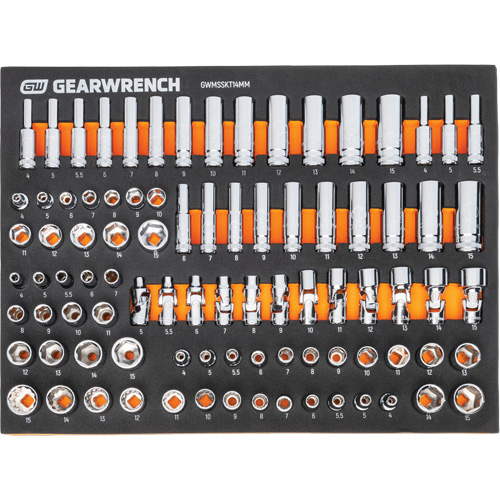Jeu d'outils m&eacute;triques pour m&eacute;canicien MEGAMOD dans des plateaux en mousse modulaire avec armoire roulante &agrave; outils, 358 morcea Groupe Generik