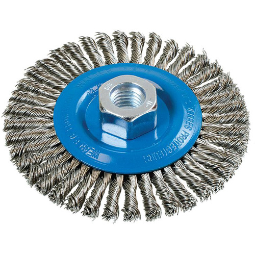 Stringer Bead Knotted Wire Brush, 4-1/2" Dia., 0.02" Fill, 5/8"-11 Arbor, Aluminum/Stainless Steel Groupe Generik
