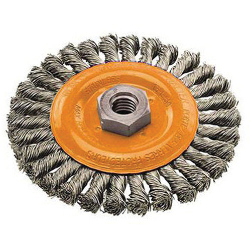 Brosse rotative &agrave; fils nou&eacute;s large, Dia. 4", Fils 0,02", Arbre 5/8"-11, Acier Groupe Generik