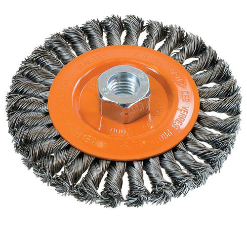 Brosse rotative &agrave; fils nou&eacute;s large, Dia. 5", Fils 0,02", Arbre 5/8"-11, Acier Groupe Generik