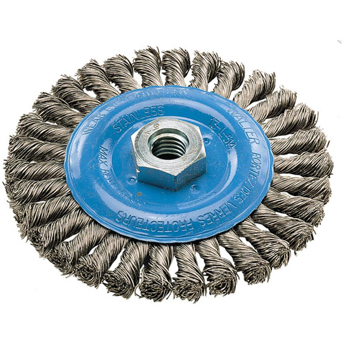 Wide Knotted Wire Wheel Brush, 5" Dia., 0.02" Fill, 5/8"-11 Arbor, Aluminum/Stainless Steel Groupe Generik