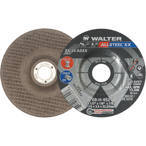Meules &agrave; moyeu d&eacute;port&eacute; ALLSTEEL XX, 4-1/2" x 1/8", Arbre de 7/8", Type 27, Alumine de zirconium, 13 300 Tr/min Groupe Generik