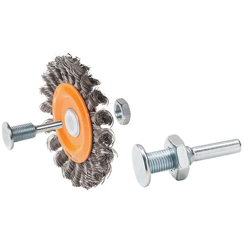Brosse rotative mont&eacute;e &agrave; fils nou&eacute;s torsad&eacute;s r&eacute;versible, Dia. 3", Fils 0,0118", Arbre 1/2", Acier Groupe Generik
