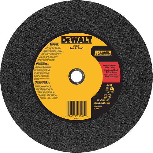 General Purpose Metal Cutting Chop Saw Wheel, 14" x 7/64", 1" Arbor, Type 1, Aluminum Oxide, 4300 RPM Groupe Generik