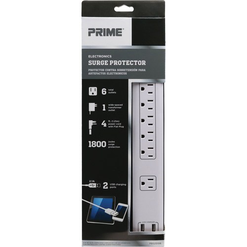 Limiteurs de surtension avec chargeur USB, 6 Prises, 1800 J, 1875 W, Cordon 4' Groupe Generik