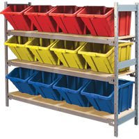 Wide Span Shelving with Jumbo Plastic Bins, Steel, Boltless, 800 lbs. Capacity, 66" W x 60" H x 18" D Groupe Generik