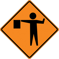 Tilt-Adjust Flagman Ahead Roll-Up Construction Sign, 36" x 36", Vinyl, Pictogram Groupe Generik